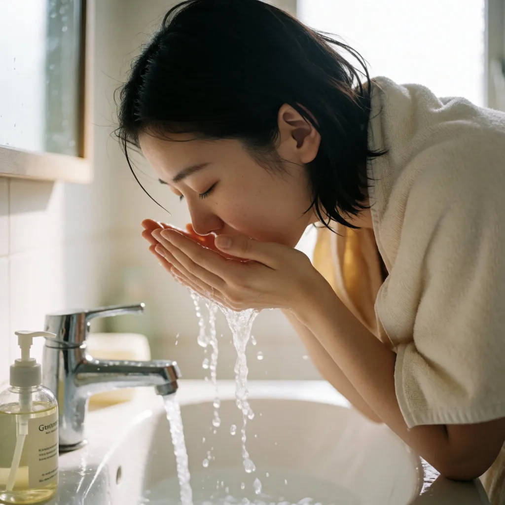 年轻女性在明亮浴室里用温水冲洗面部