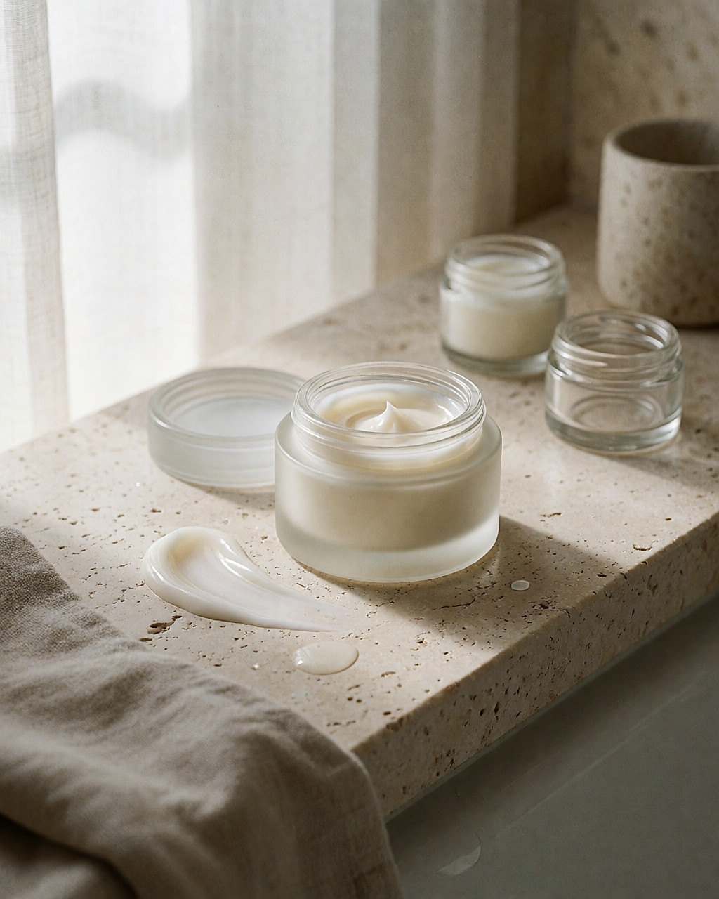 Light gel-cream texture in a frosted glass jar resting on a pale stone