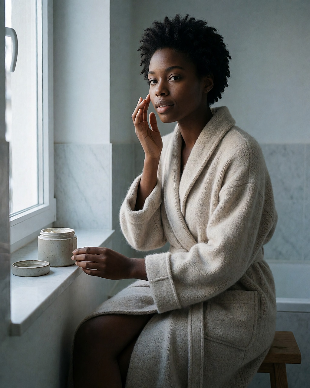 Young Black woman applying a richer cream to her cheeks, cold winter light