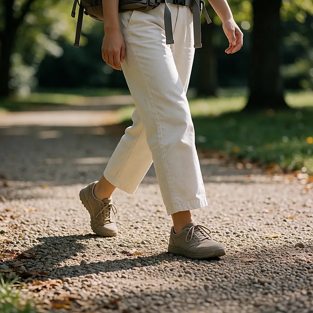 Kurze Schritte und sanfter Fußaufsatz auf einem Kiesweg, beladener Rucksack auf dem Rücken