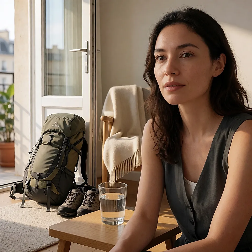 Nach der Runde: Rucksack am Boden neben der Tür, daneben ein Glas Wasser