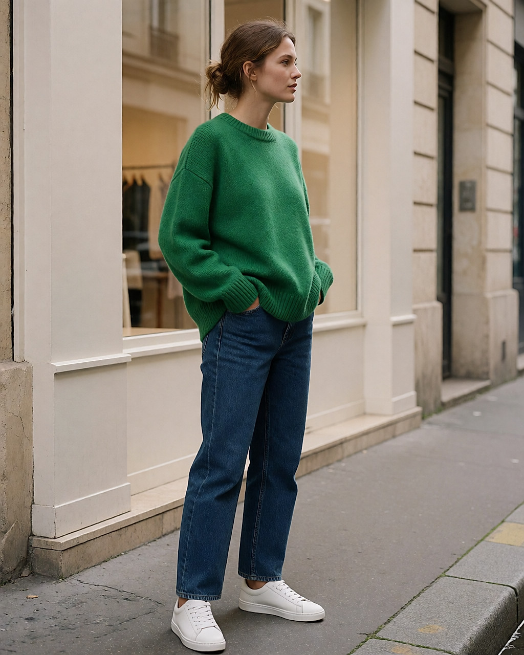 Jeune femme de profil en pull vert vif oversize et jean brut, debout devant une boutique