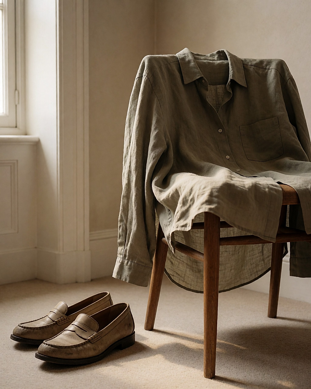 Chemise froissée posée sur une chaise près de chaussures en cuir usées