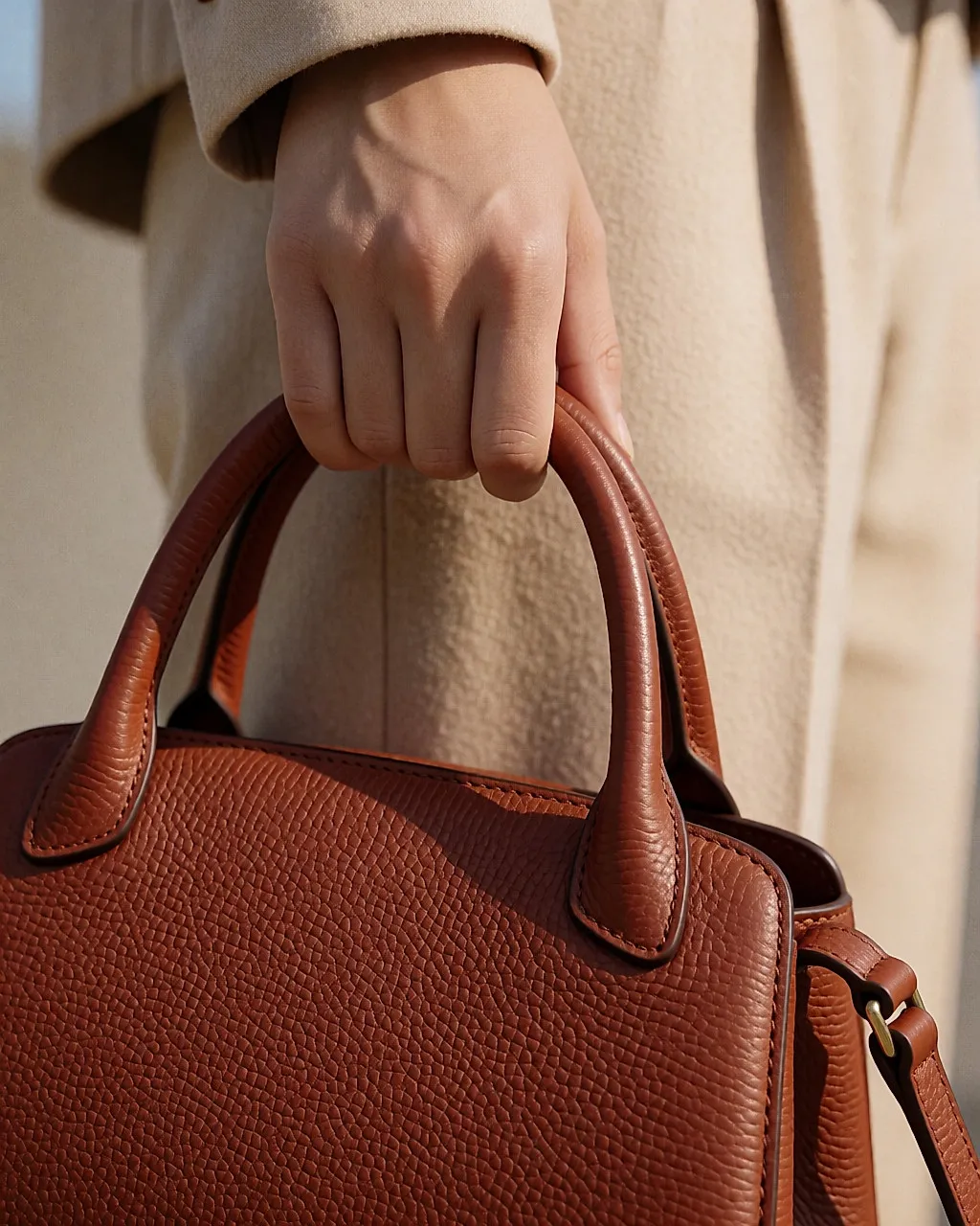 Nahaufnahme einer Hand, die den Griff einer genarbten Ledertasche in Ziegelfarbe hält, die Textur deutlich sichtbar