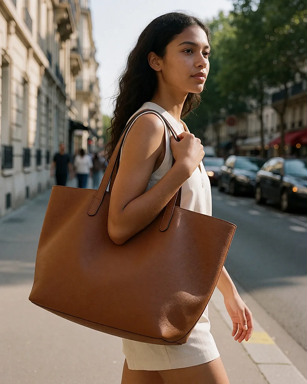 Jeune femme métissée portant un grand cabas souple en cuir à l'épaule dans la rue