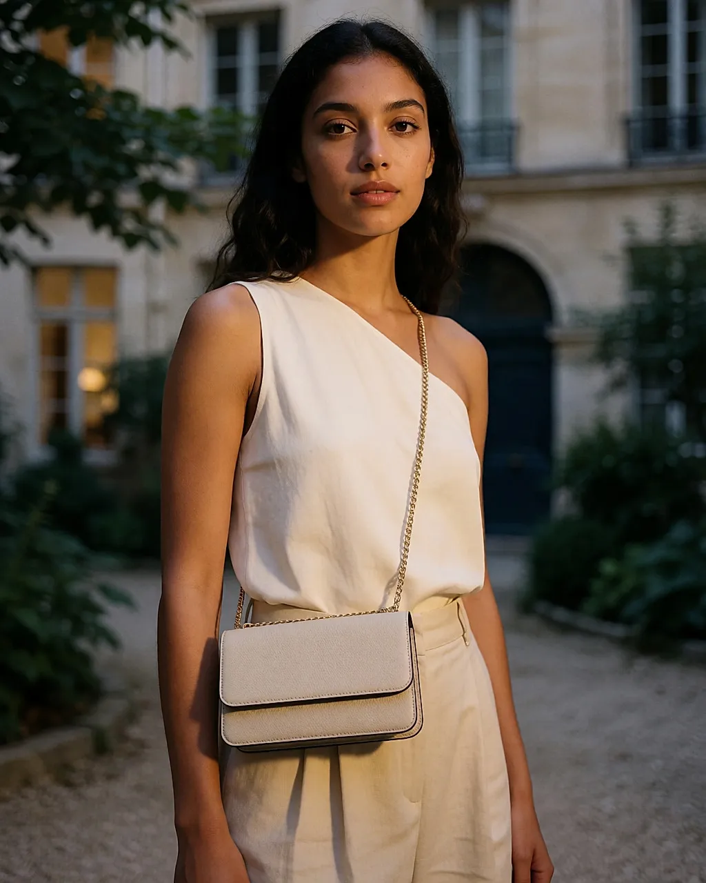 Jeune femme maghrébine portant une pochette à chaîne structurée en bandoulière de jour