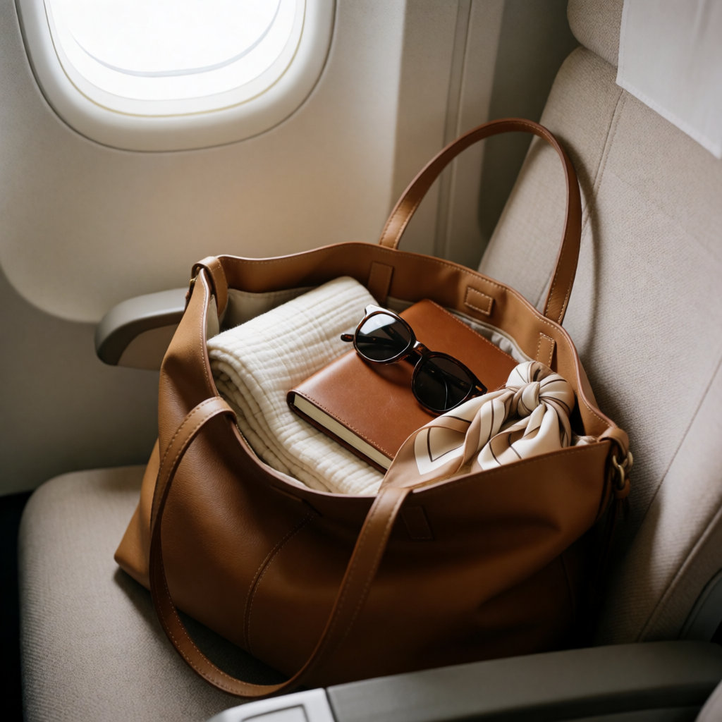 Cabas en cuir ouvert sur un siège d'avion, rempli d'un carnet, d'un plaid et d'un foulard