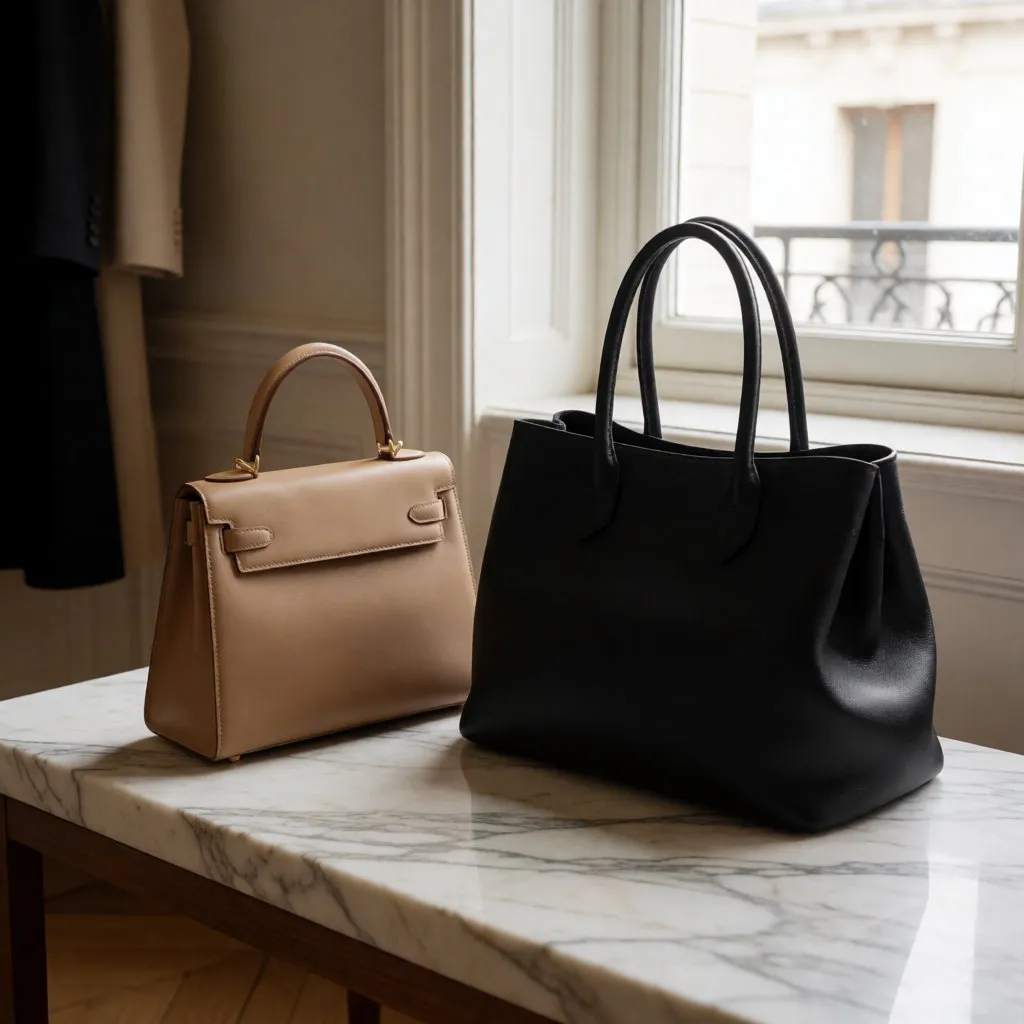Zwei Lederhandtaschen im Vergleich auf einer Bank: ein strukturiertes Modell mit einem Griff und eine weiche Tasche mit zwei Henkeln