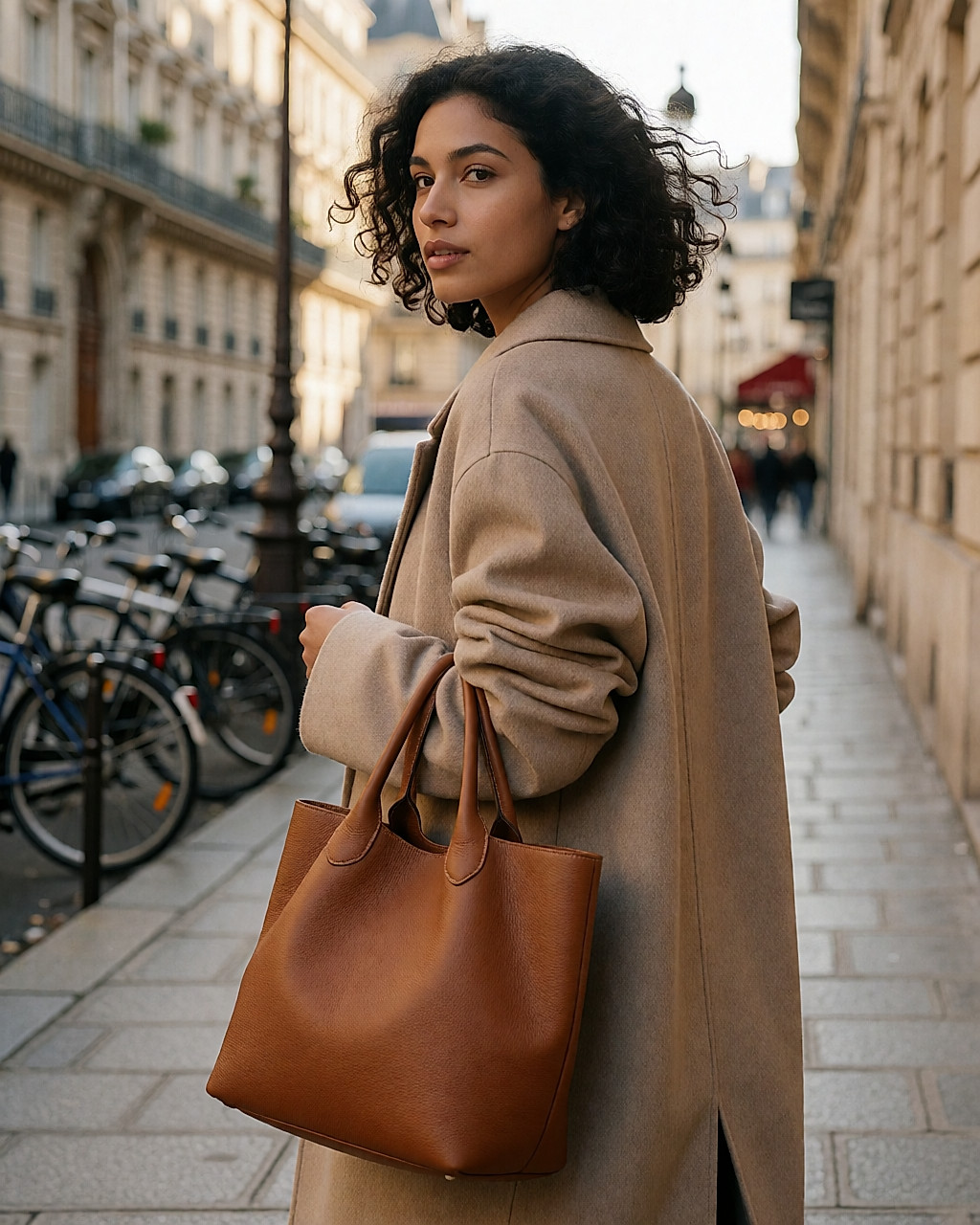 Jeune femme marchant dans Paris, cabas en cuir caramel au bras, lumière dorée de fin de journée