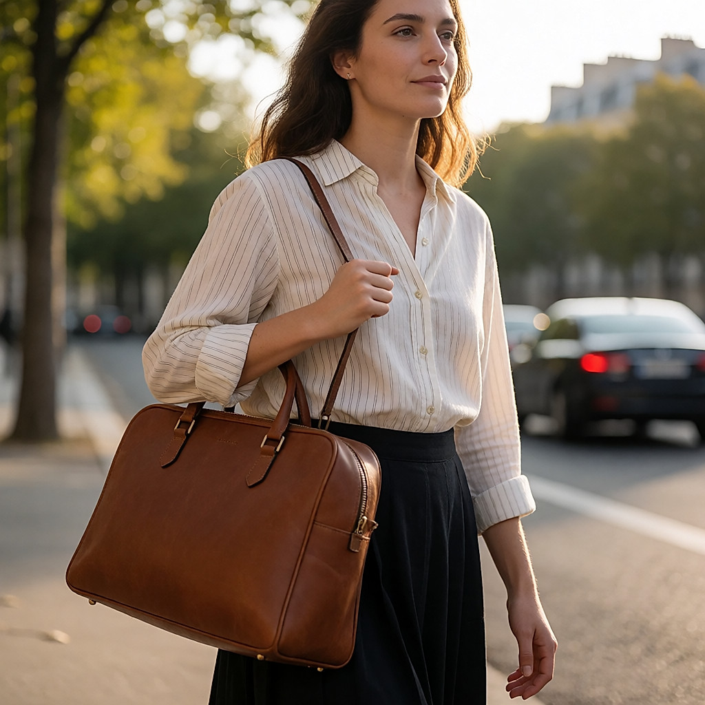 Junge Frau, die durch Paris geht, karamellfarbene Ledertasche am Arm, goldenes Licht am späten Nachmittag