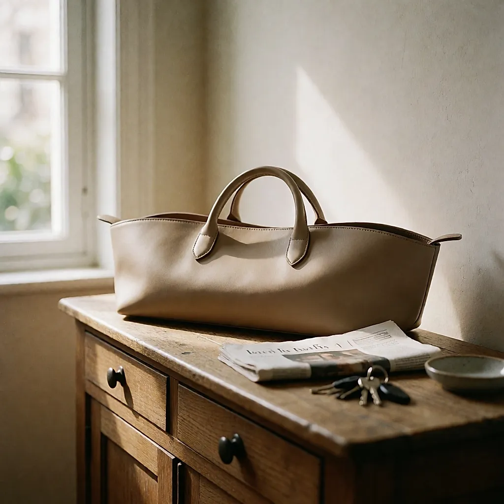 An east-west bag seen in profile on a wooden console, with short handles and a very elongated shape