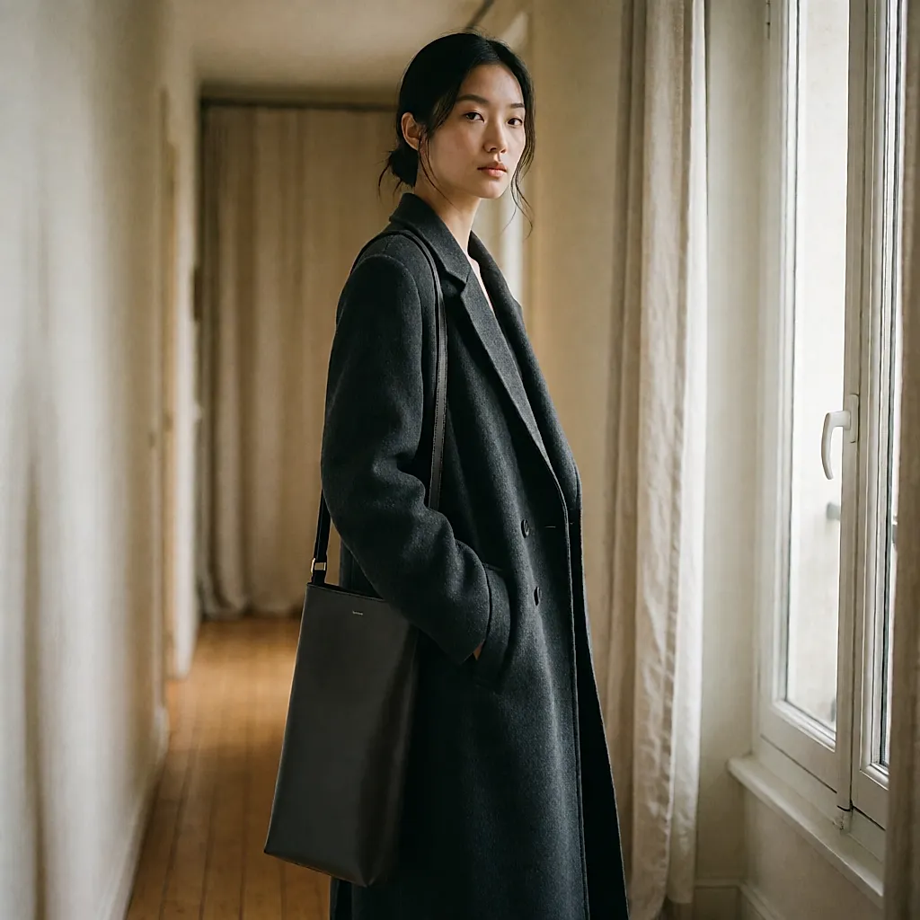 East-west bag worn on the shoulder over a long wool coat, seen from three-quarters