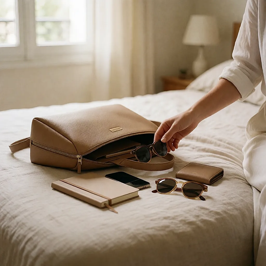 An open east-west bag on a bed, surrounded by a purse, phone, notebook and glasses