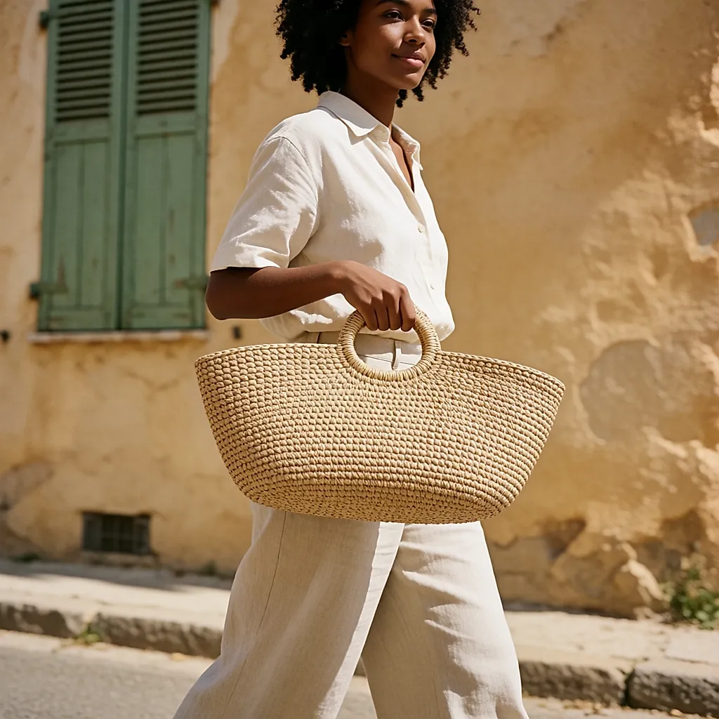Woven raffia east-west bag carried by hand against the hip, with a linen summer outfit