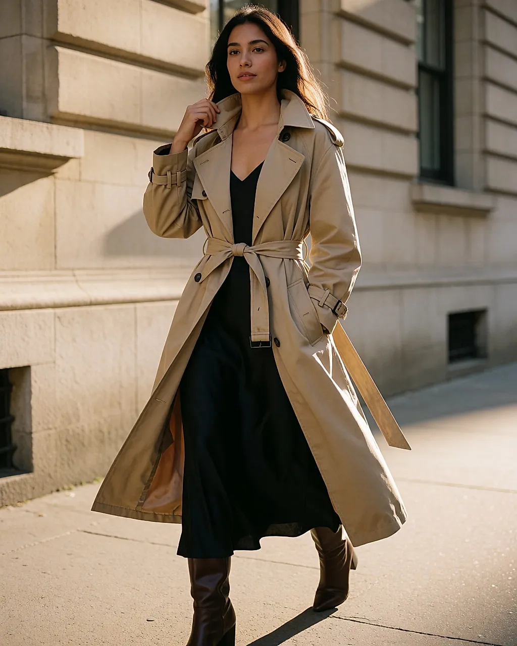 Junge Frau im Abendlicht, gegürteter beiger Trenchcoat über einem schwarzen Kleid und Stiefeln