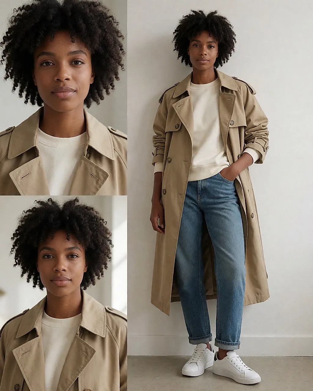 Junge Frau im offenen beigen Oversize-Trench über cremefarbenem Sweatshirt und roher Jeans, Hände in den Taschen