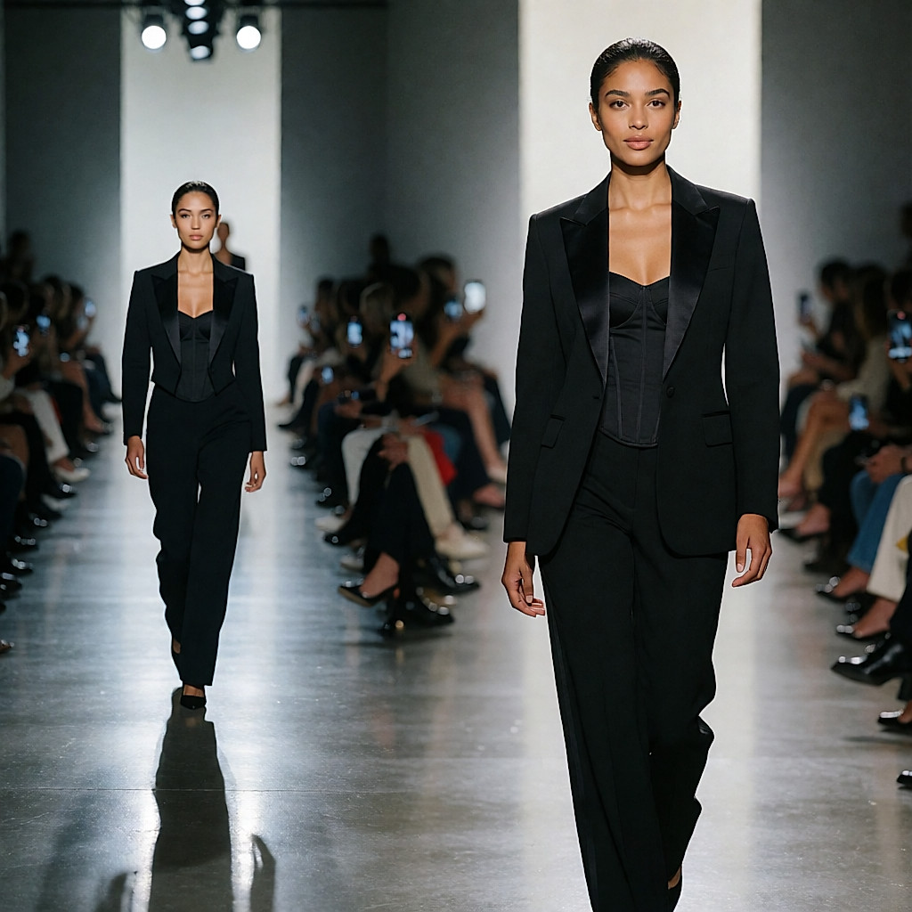 Silhouette en tailleur noir à revers satin, vue sur le podium d'un défilé