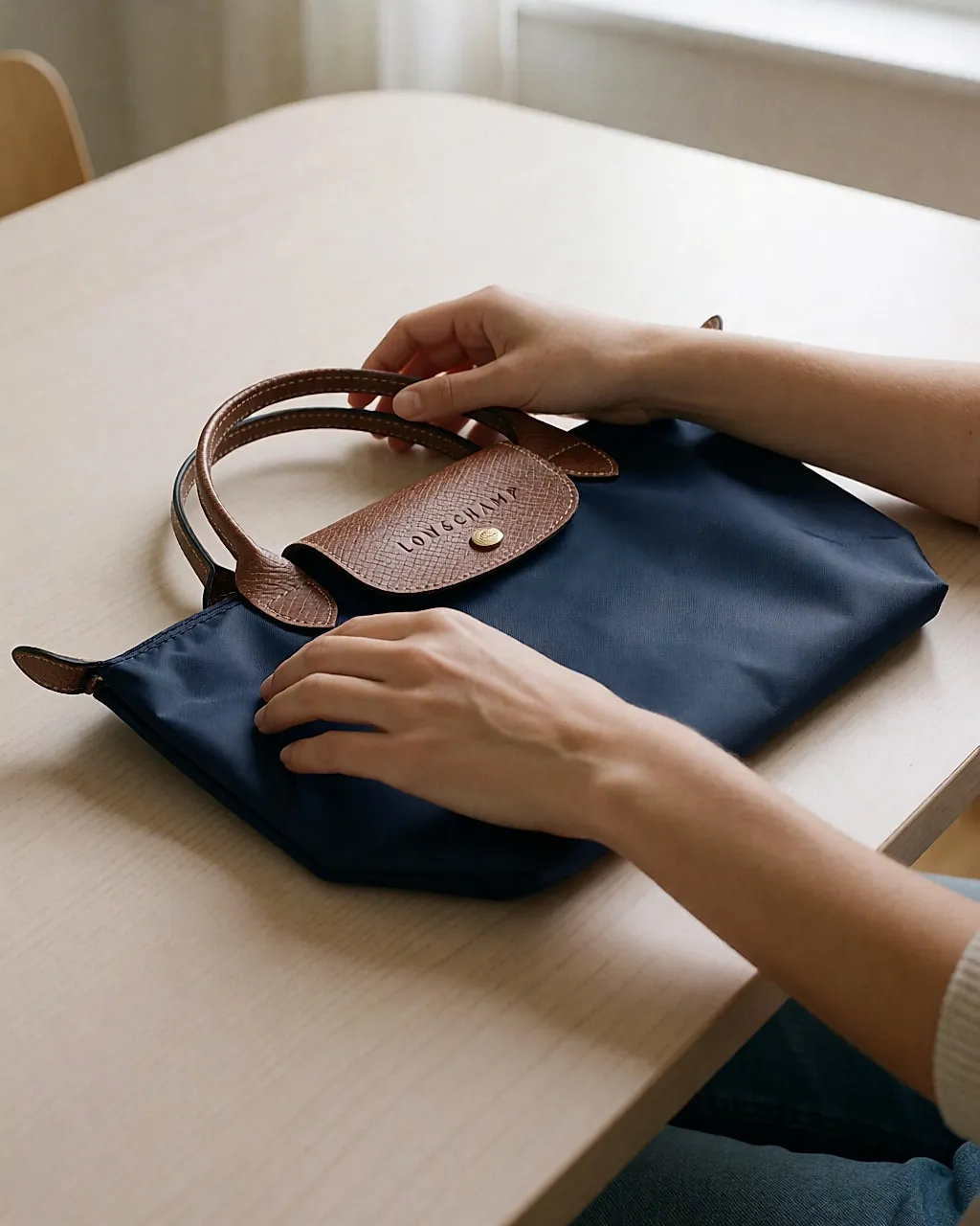 Ein flach zusammengefaltetes Longchamp Le Pliage auf einem hellen Holztisch, Lederklappe sichtbar