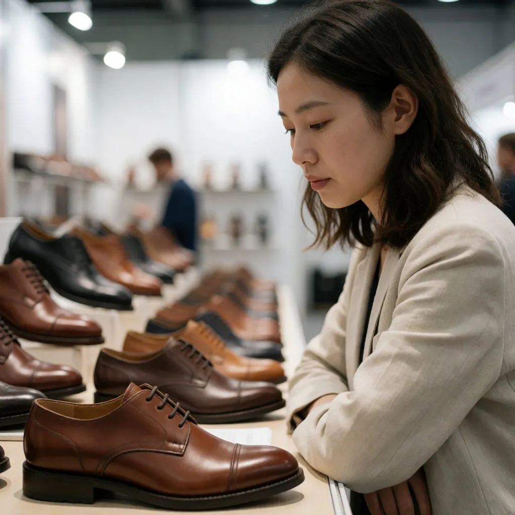 Acheteuse professionnelle asiatique observant un derby en cuir sur un stand de salon