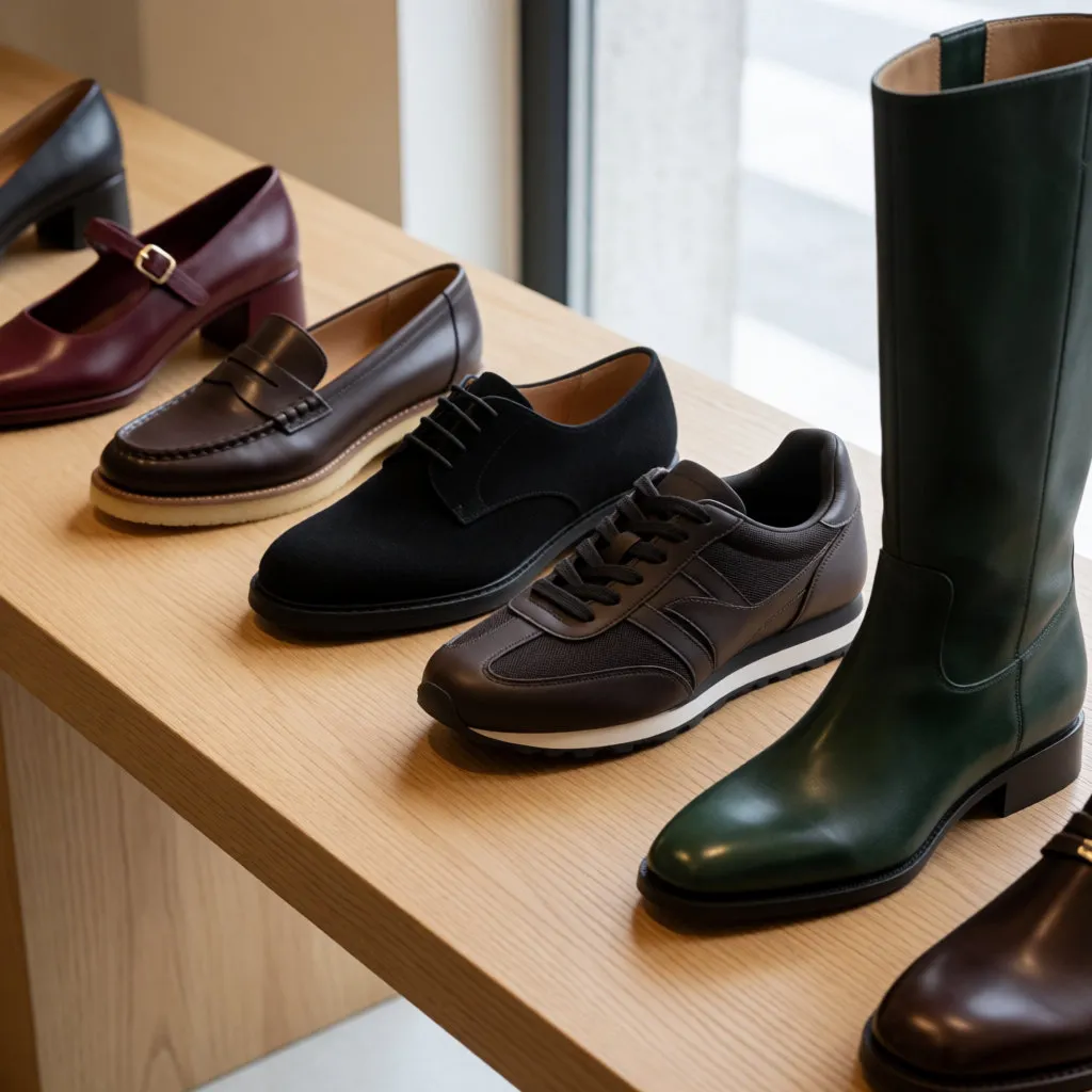 Alignement de mocassins, Mary Jane, derbies, sneaker basse et botte aux tons bruns et bordeaux