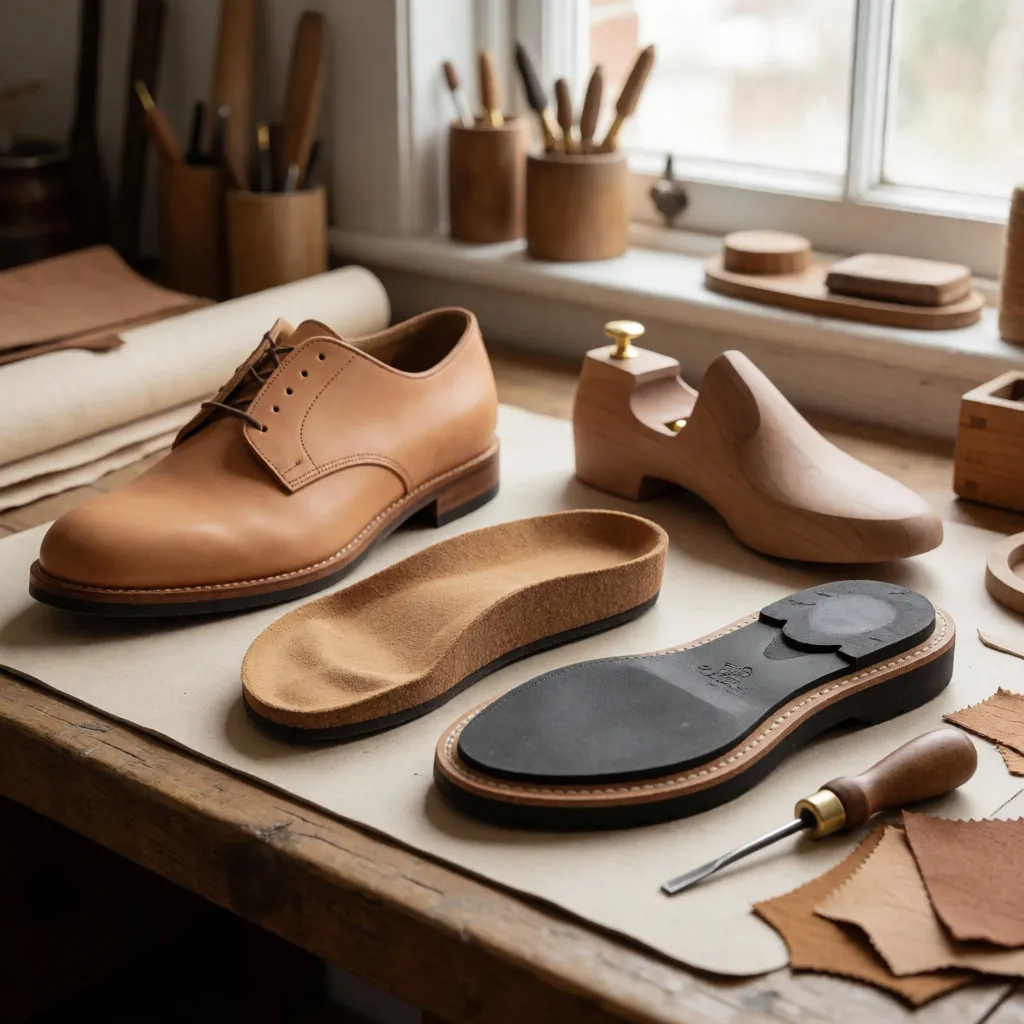 Éléments d'une chaussure en cuir démontée sur un établi, semelle recyclée et outils de réparation