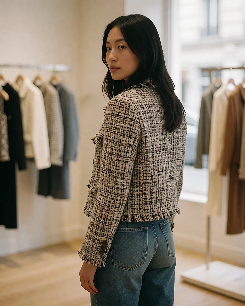 A woman seen from behind in a boutique, a Sandro tweed jacket worn open over raw denim