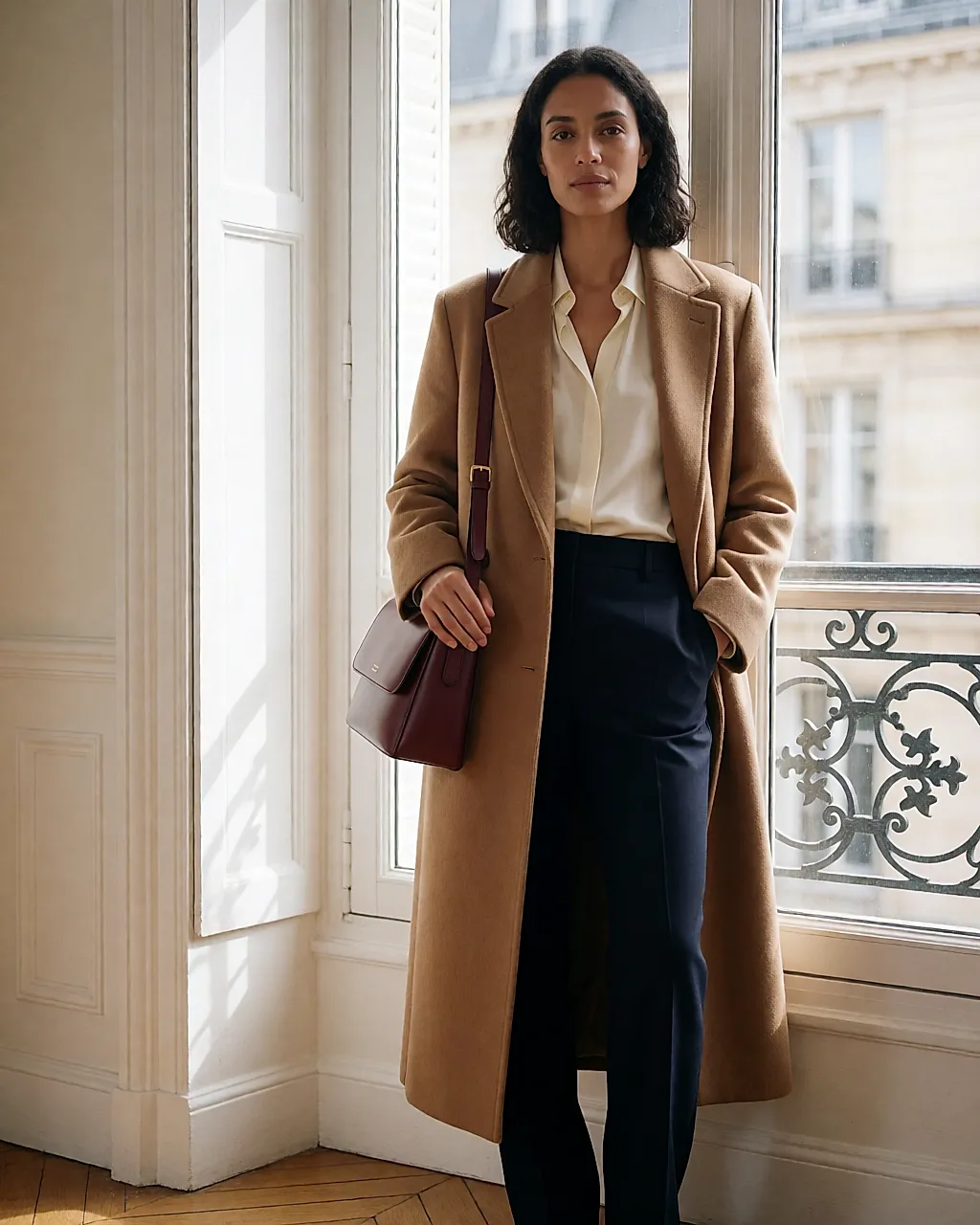 A full Sandro look: camel coat, cream blouse and navy trousers