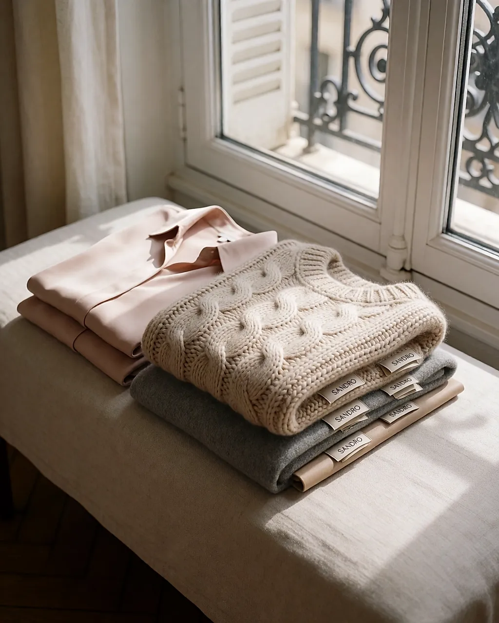 Sandro fabrics gathered on a bench: powder-pink silk, cable-knit cashmere, wool and leather