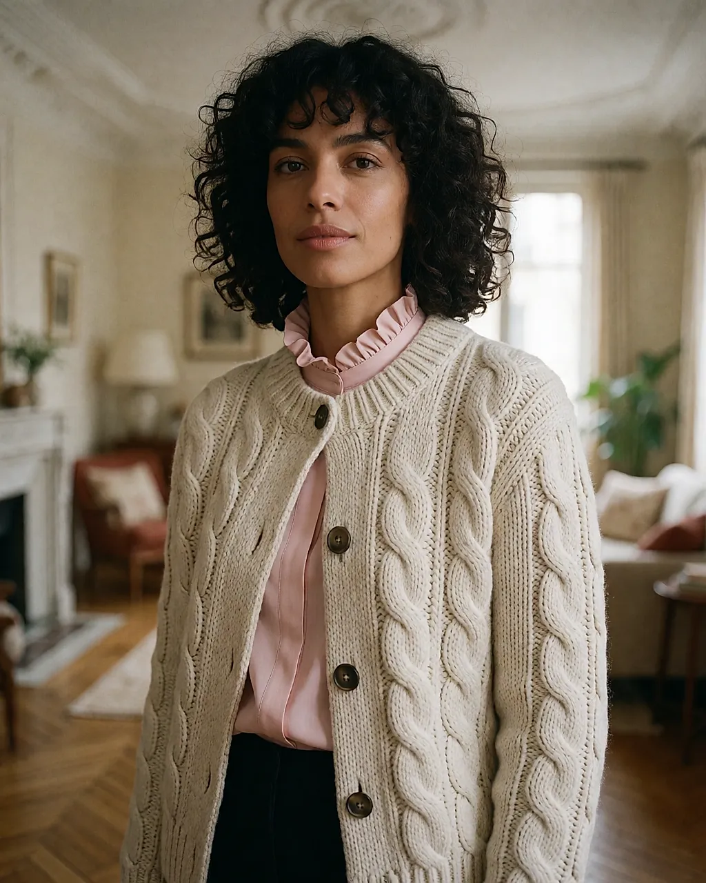 Sandro cable knit fastened with a single button at the neck, worn over a powder-pink silk blouse