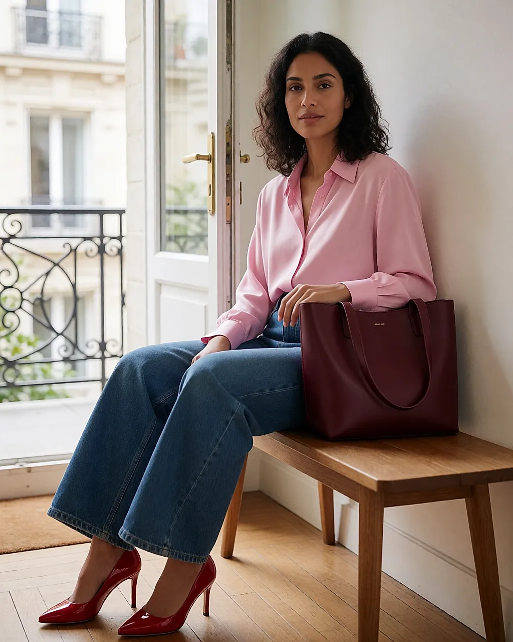 Wide-leg jeans, silk blouse and red patent Sandro court shoes in a hallway