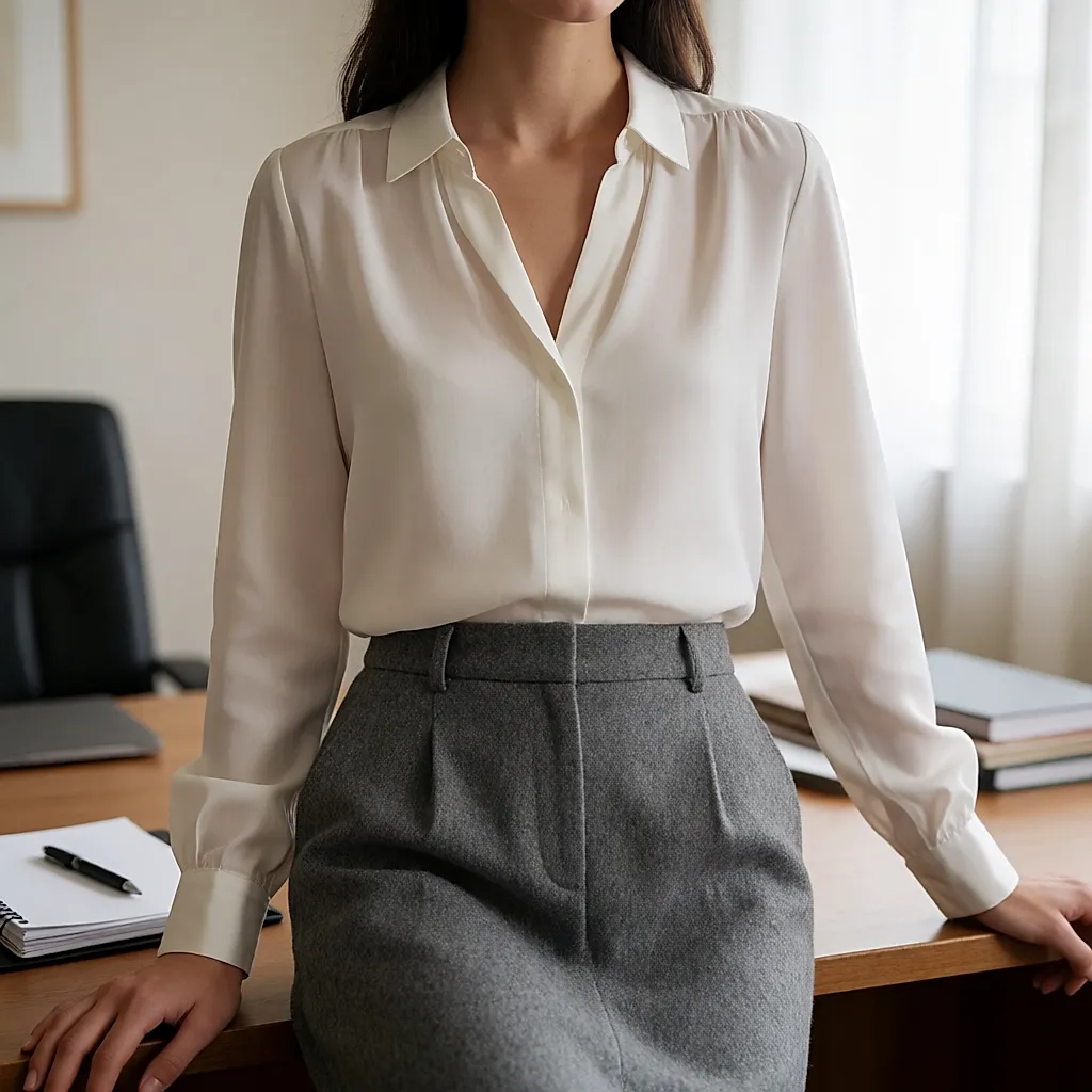Sandro blouse tied at the back with grey marl wool trousers in an office