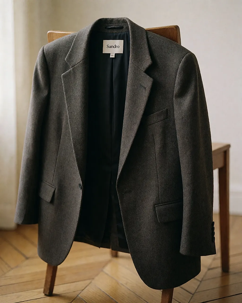 A Sandro wool blazer open on a chair, lining and finishing visible