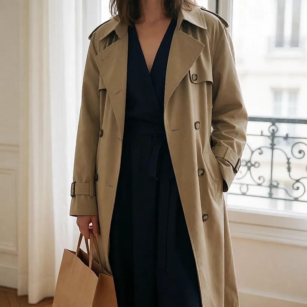 Leaving a Sandro boutique in Paris, belted trench and paper tote