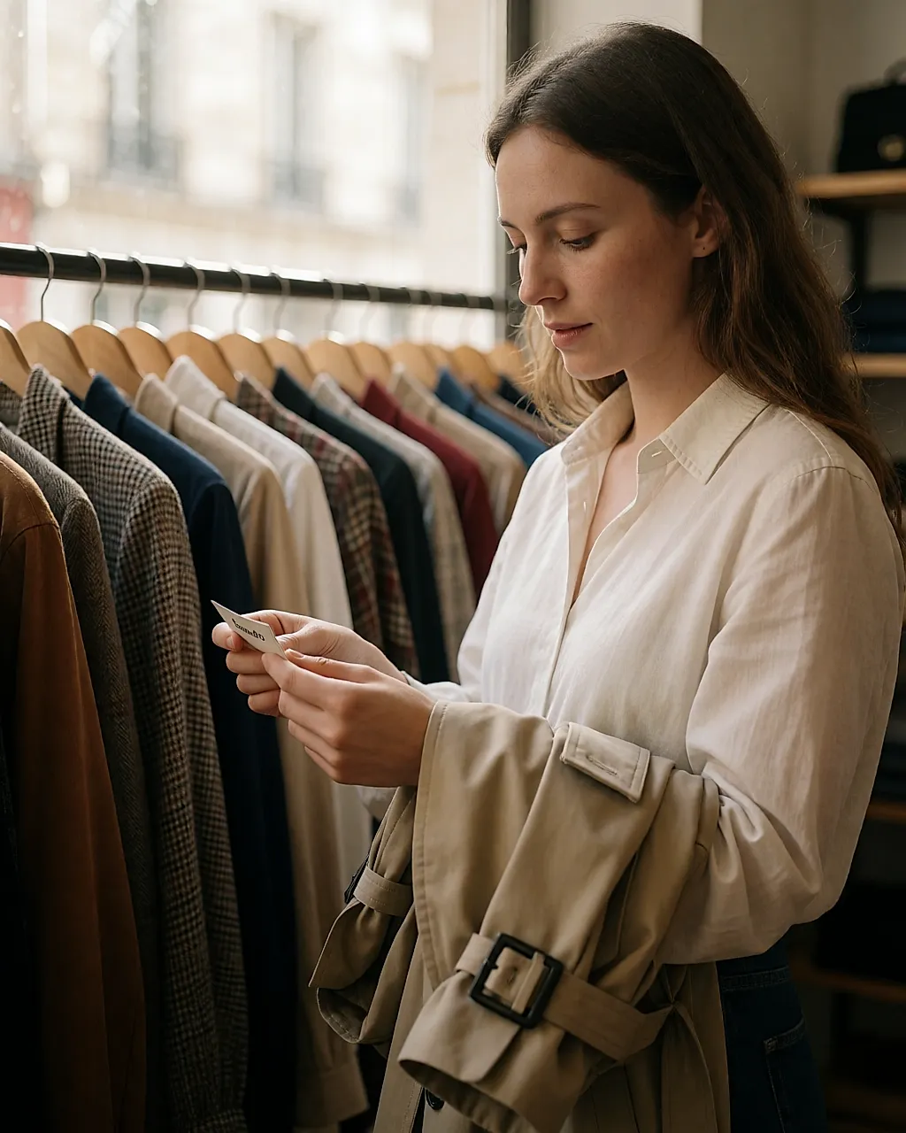 A woman examines the Sandro label on a pre-loved trench in a resale shop