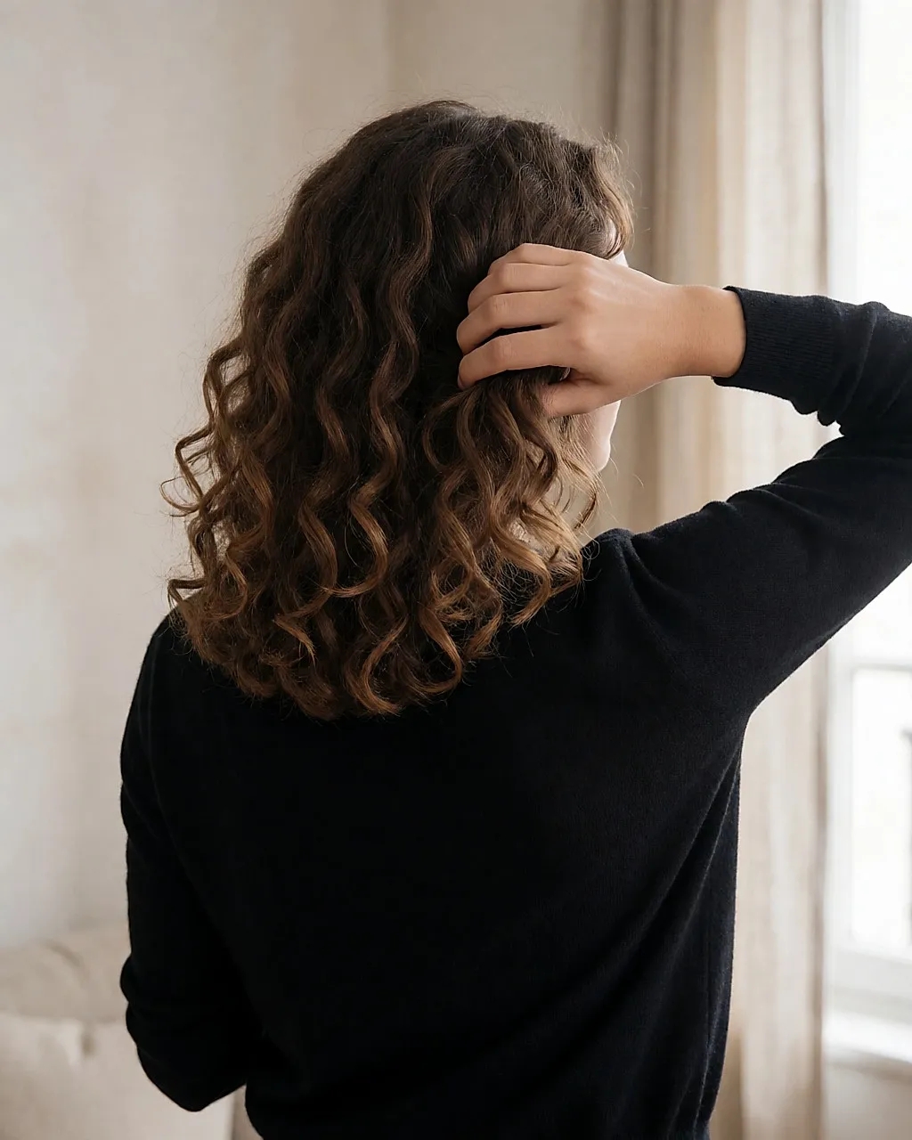 Dos d'une femme soulevant ses boucles aux racines pour donner du volume