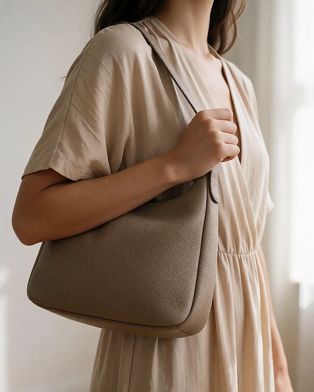 Taupe grained-leather handbag worn with a fluid nude dress