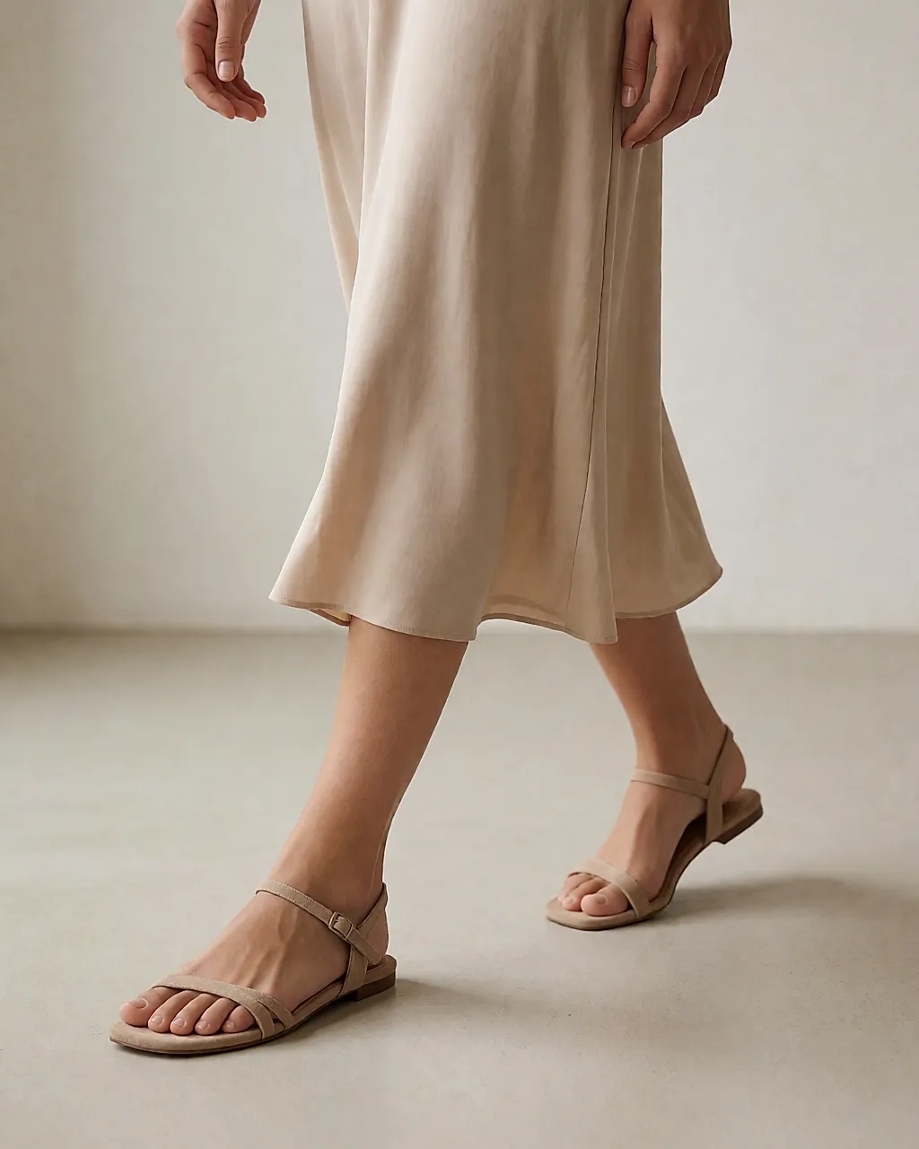 Nude suede sandals worn with fine straps under a draped dress hem