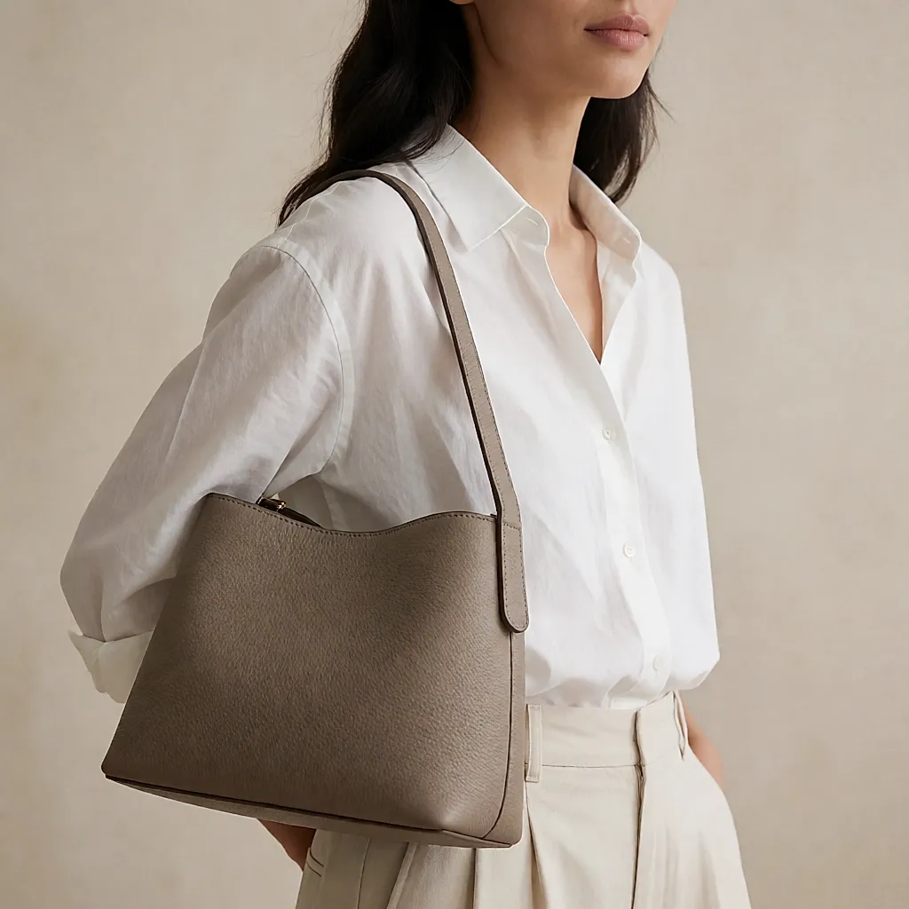 Product image inspired by the SMART Taupe grained-leather shoulder bag