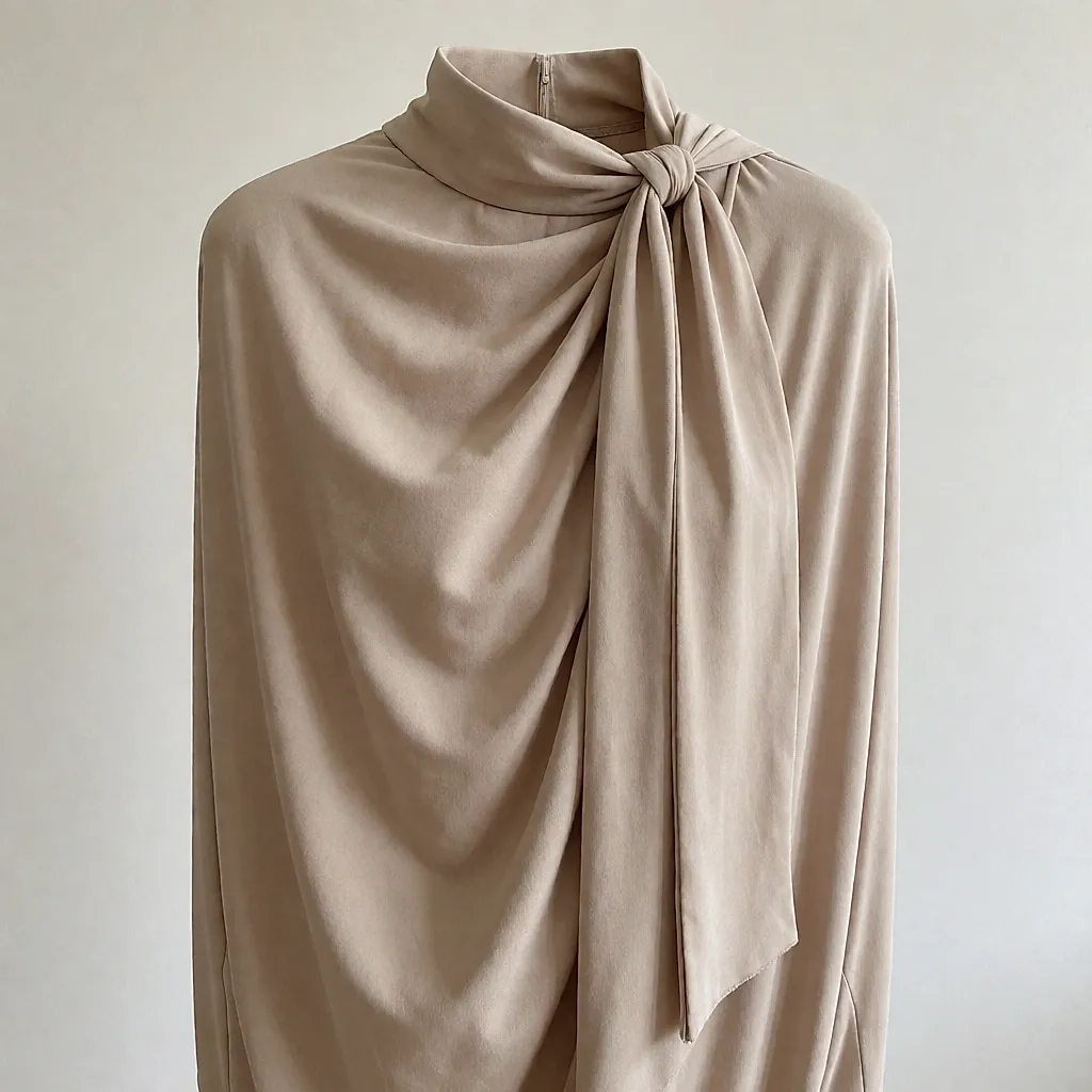 Product image inspired by a draped dress with a high neck and bow in viscose jersey
