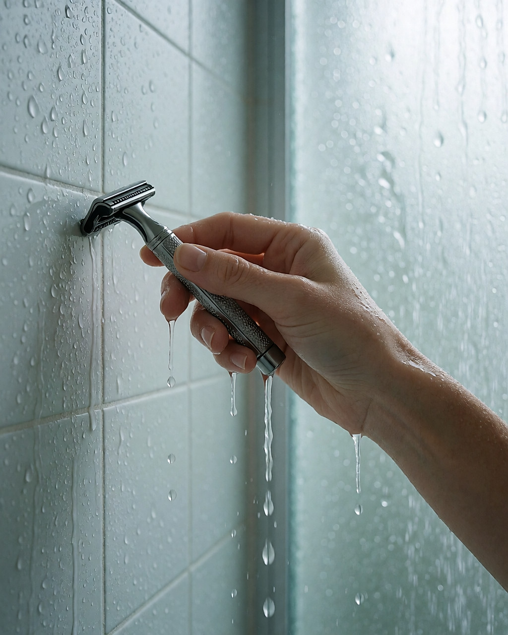 Jambe d'une jeune femme sous la douche, rasoir de sûreté glissé sur le tibia sous une fine couche de mousse