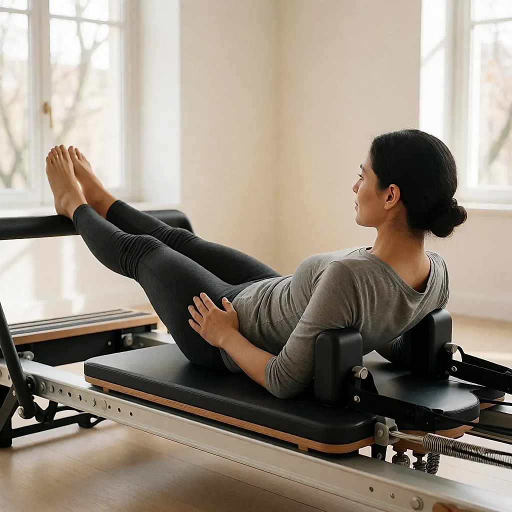 A woman guided through a movement on a Reformer, a spring-loaded piece of apparatus