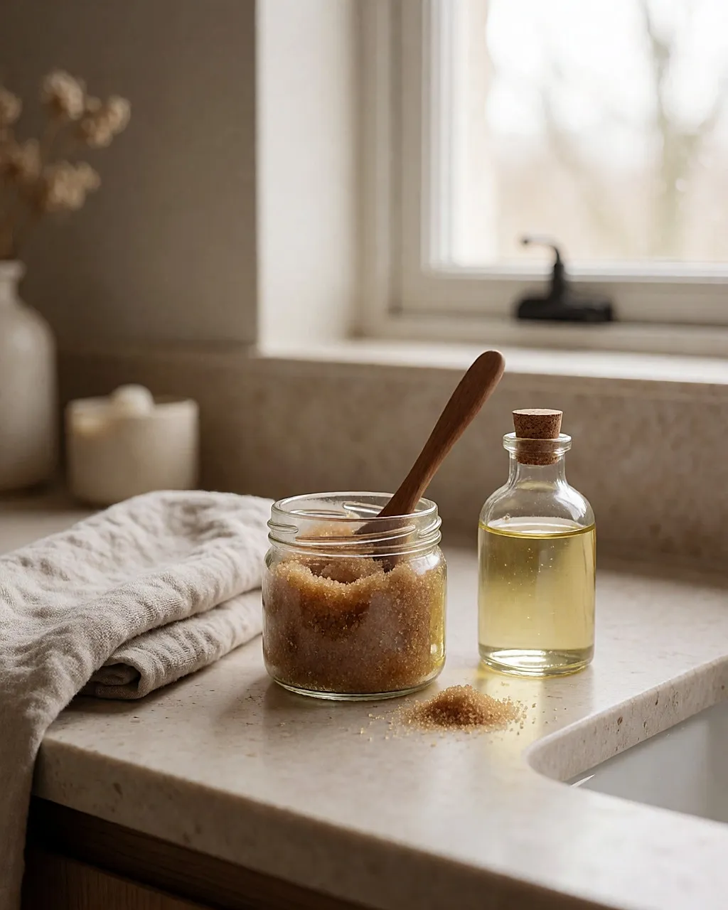 Selbst gemachtes Zucker-Peeling mit Pflanzenöl auf einem Badezimmermöbel