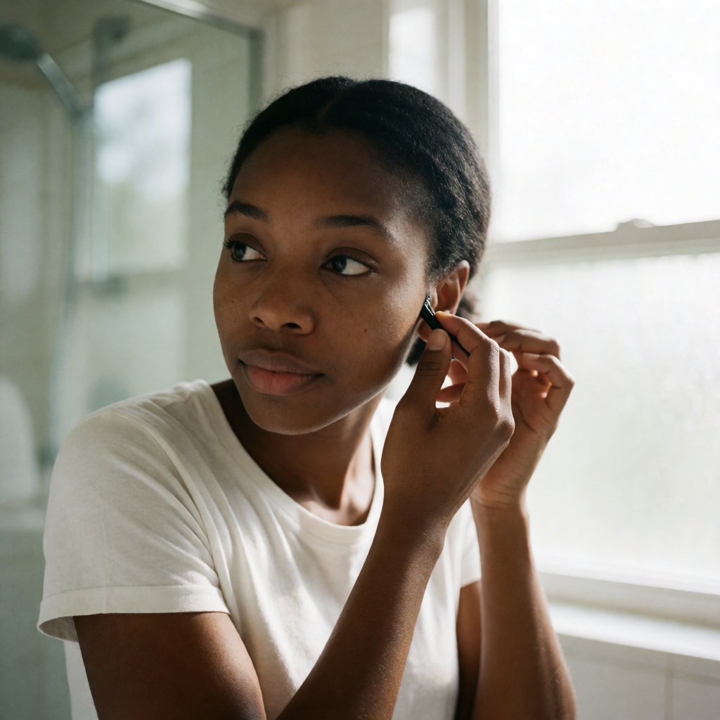 Jeune femme noire appliquant une noisette de coloration derrière l'oreille pour un test cutané
