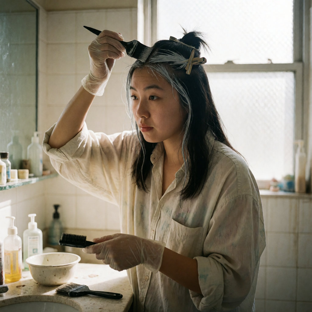 Jeune femme asiatique appliquant la coloration sur ses racines à l'aide d'un pinceau