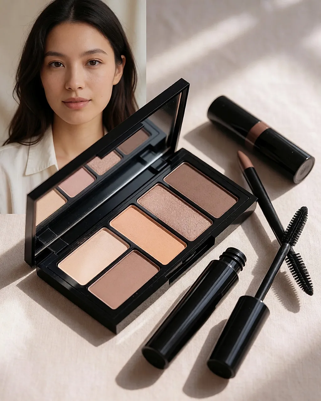 Palette of neutral eye shadows in beige, pale pink, apricot and taupe, with black mascara and a brown pencil on pale linen