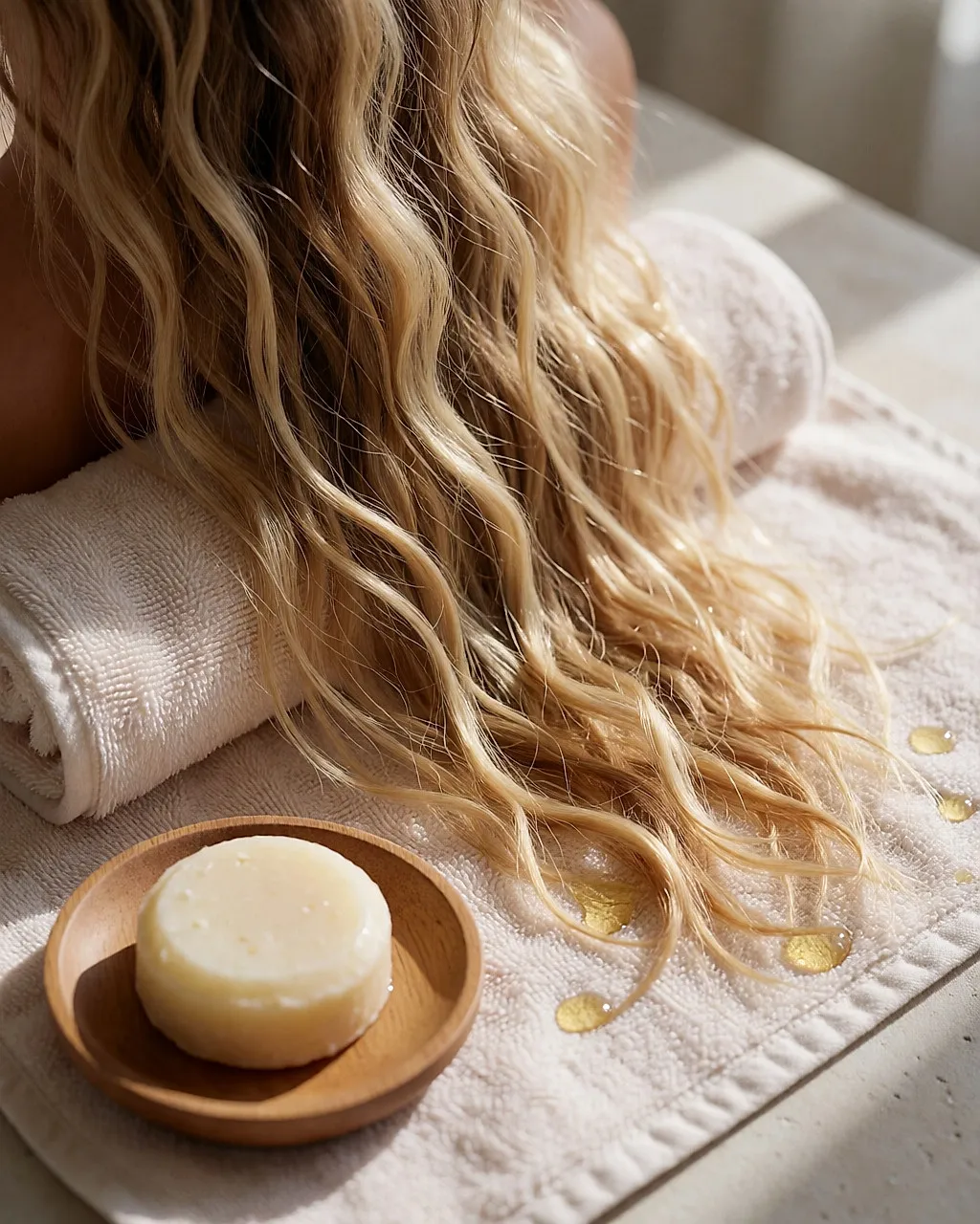 Longueurs blondes ondulées posées sur une serviette de lin, près d'un shampooing solide et d'une huile dorée