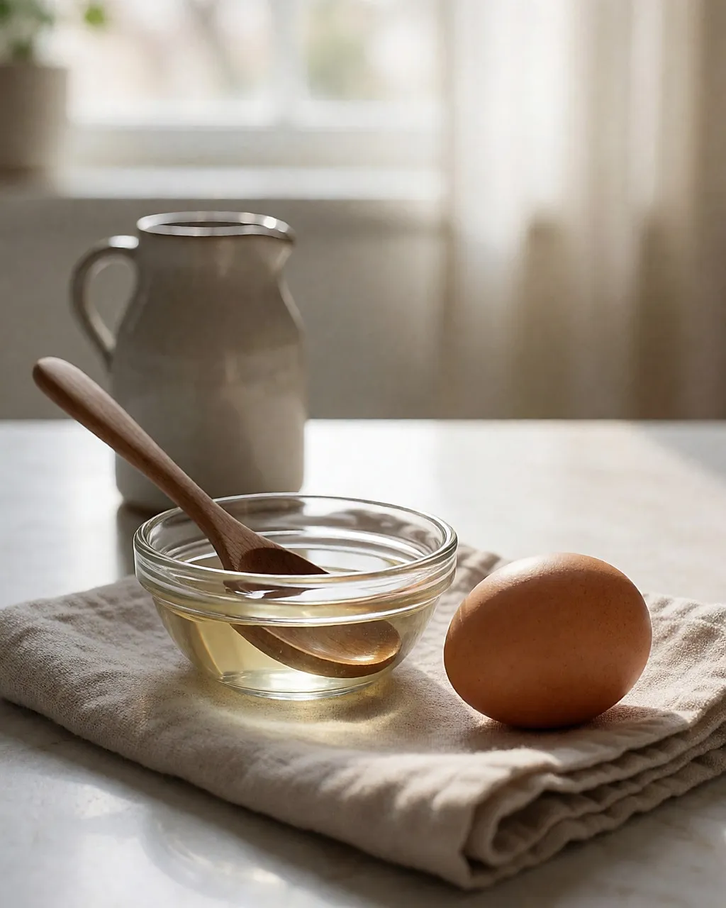 Small bowl of diluted vinegar and a brown egg on a linen cloth in a bright bathroom