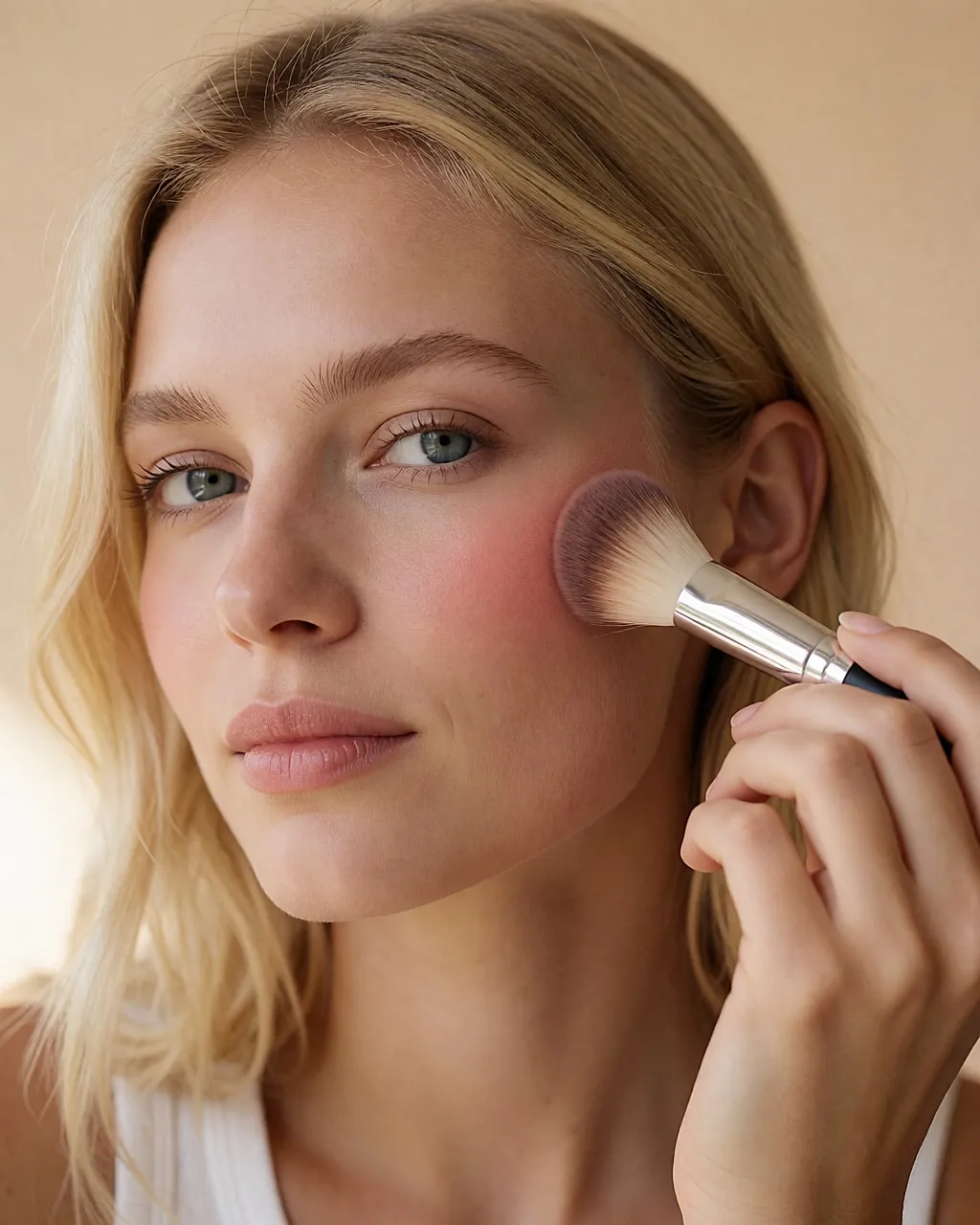 Jeune femme blonde au teint clair appliquant un blush rose pâle sur sa pommette avec un pinceau