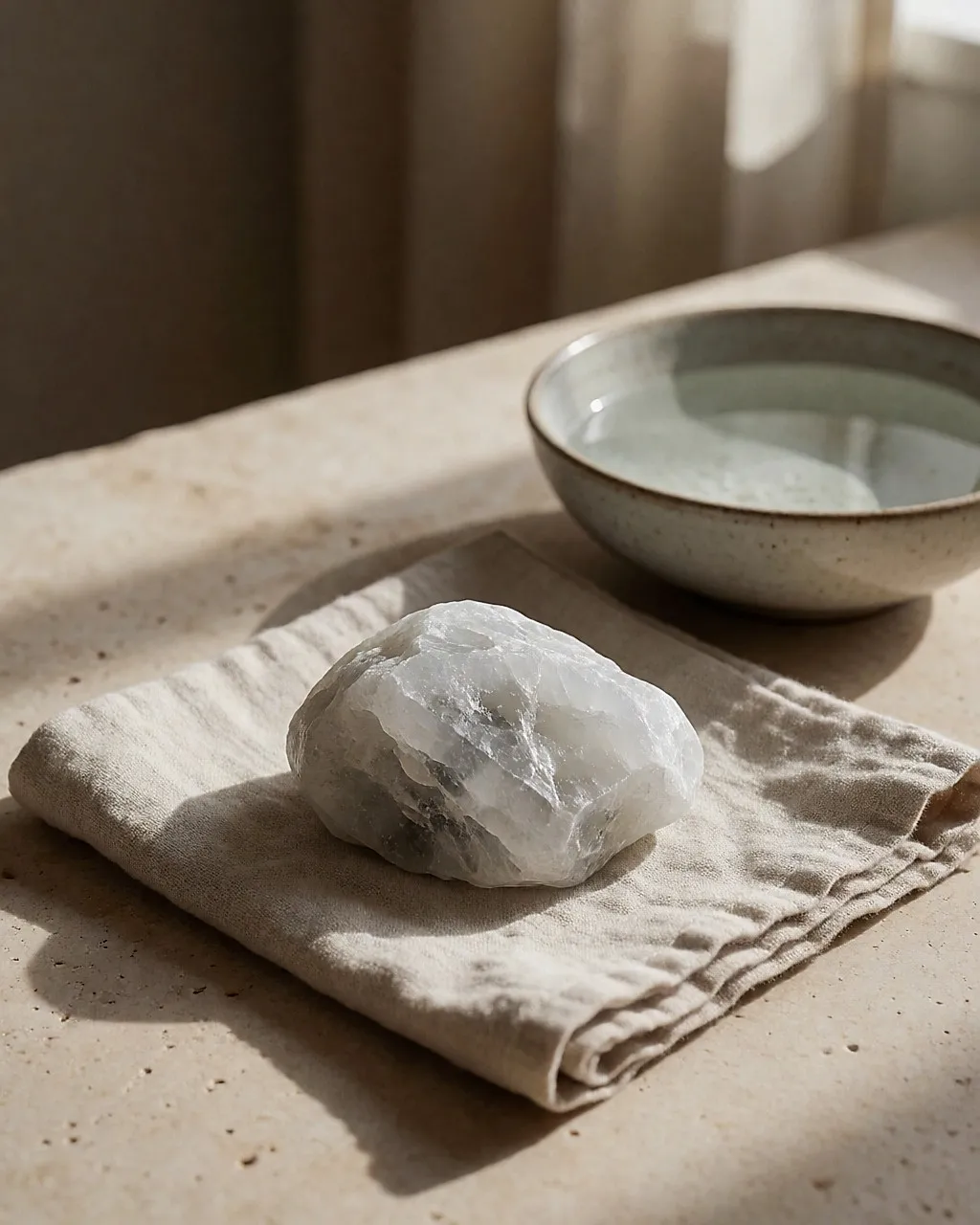 Translucent alum stone on linen beside a small bowl of clear water