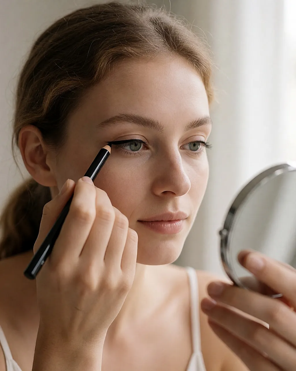 Woman applying a fine black liner to her upper lash line